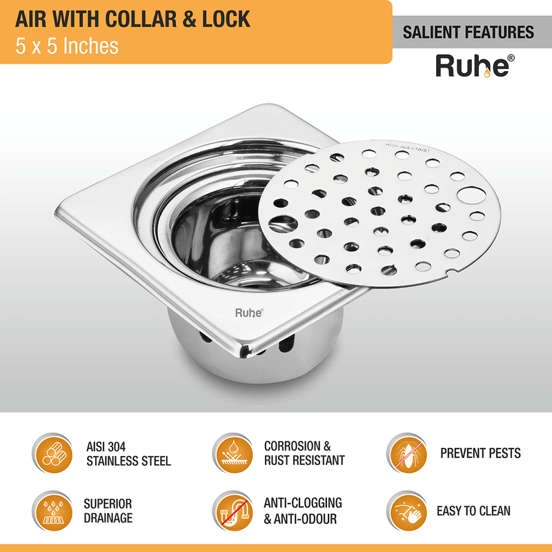 Air Square 304-Grade Floor Drain with Collar, Lock & Cockroach Trap (5 x 5 Inches) - by Ruhe