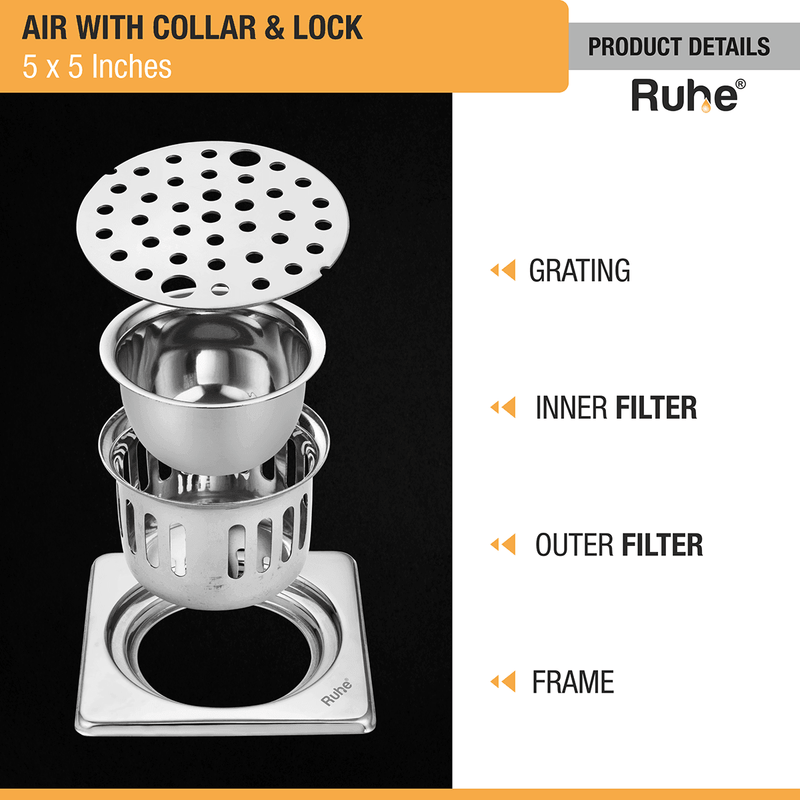 Air Square 304-Grade Floor Drain with Collar, Lock & Cockroach Trap (5 x 5 Inches) - by Ruhe
