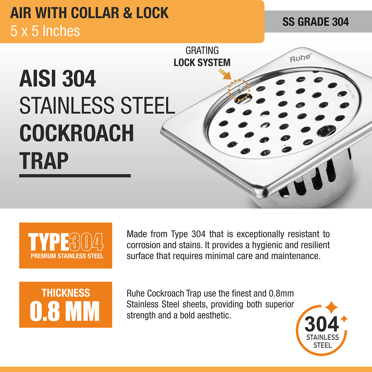 Air Floor Drain with Collar Square (5 x 5 Inches) with Lock and Cockroach Trap (304 Grade) stainless steel