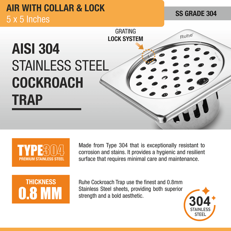 Air Square 304-Grade Floor Drain with Collar, Lock & Cockroach Trap (5 x 5 Inches) - by Ruhe