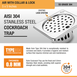 Air Floor Drain with Collar Square (5 x 5 Inches) with Lock and Cockroach Trap (304 Grade) stainless steel