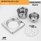 Air Floor Drain with Collar Square (5 x 5 Inches) with Lock and Cockroach Trap (304 Grade) package content