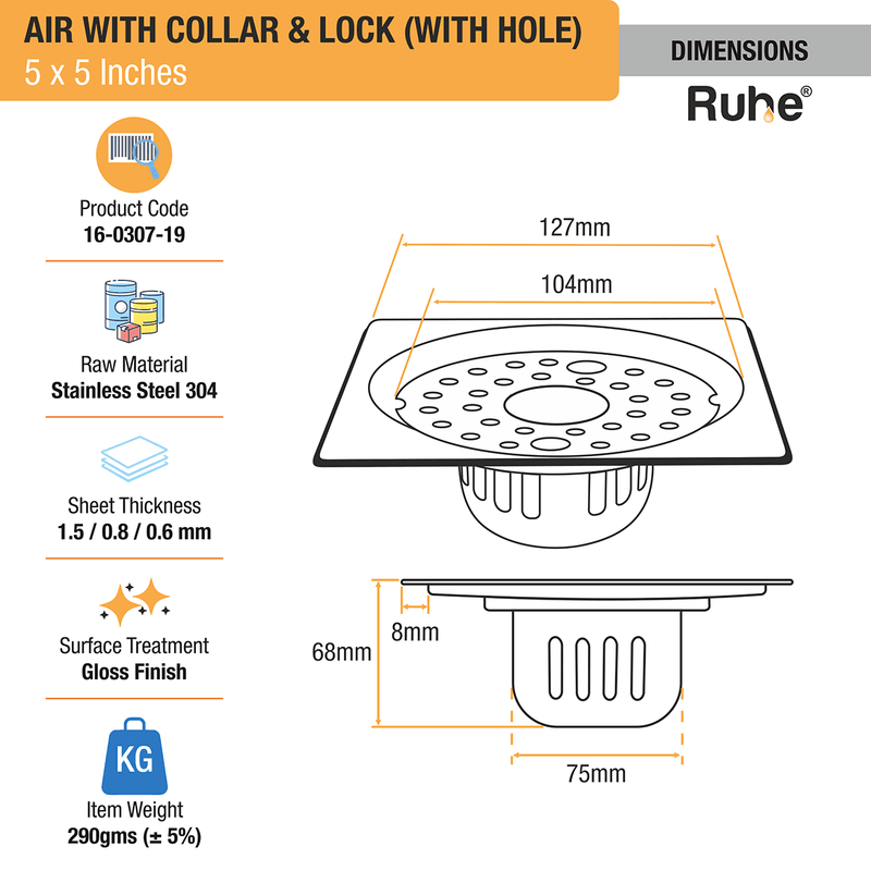 Air Square 304-Grade Floor Drain with Collar, Lock, Hole & Cockroach Trap (5 x 5 Inches) - by Ruhe