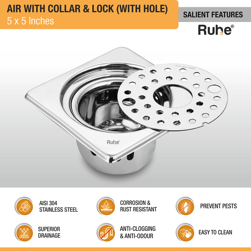 Air Square 304-Grade Floor Drain with Collar, Lock, Hole & Cockroach Trap (5 x 5 Inches) - by Ruhe