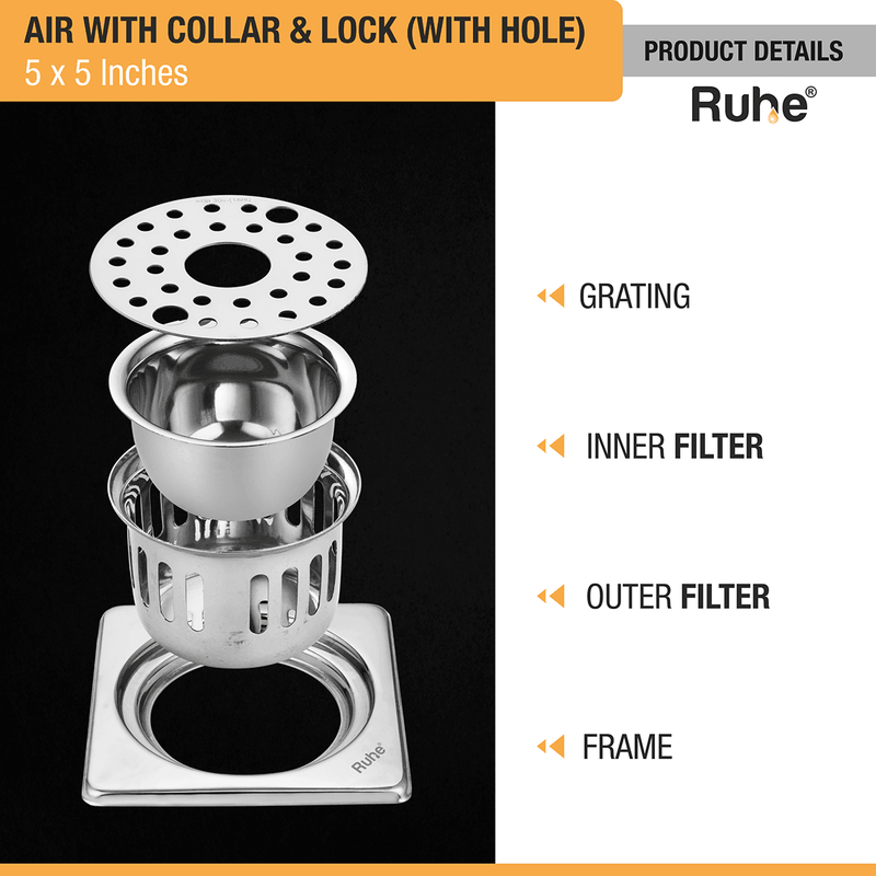 Air Square 304-Grade Floor Drain with Collar, Lock, Hole & Cockroach Trap (5 x 5 Inches) - by Ruhe