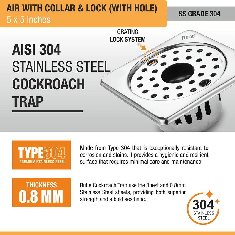 Air Square 304-Grade Floor Drain with Collar, Lock, Hole & Cockroach Trap (5 x 5 Inches) - by Ruhe