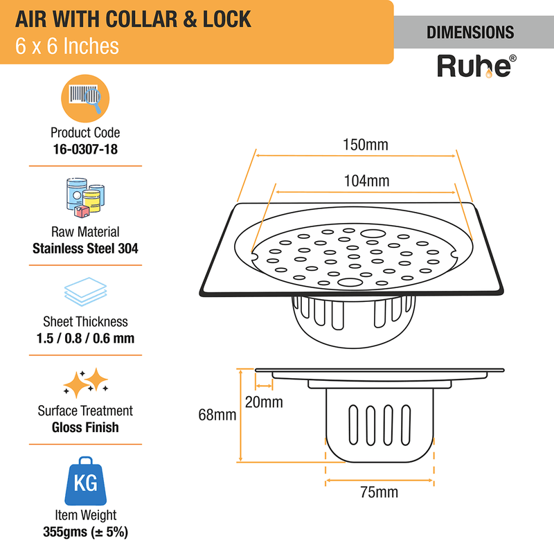 Air Square 304-Grade Floor Drain with Collar, Lock & Cockroach Trap (6 x 6 Inches) - by Ruhe
