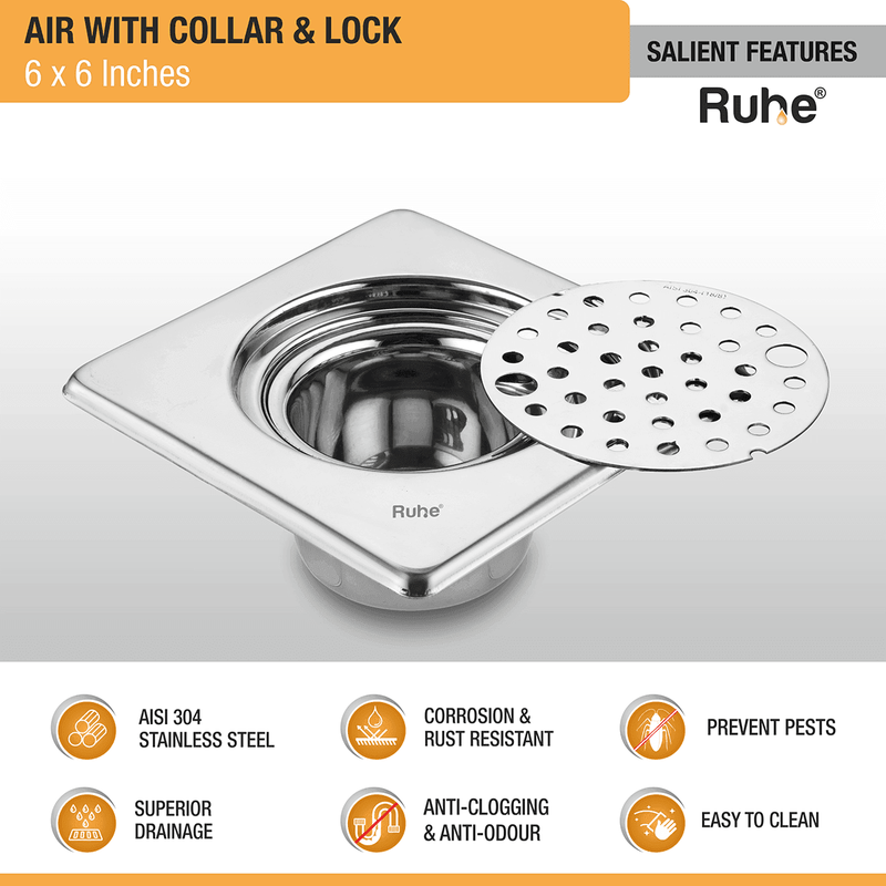 Air Square 304-Grade Floor Drain with Collar, Lock & Cockroach Trap (6 x 6 Inches) - by Ruhe