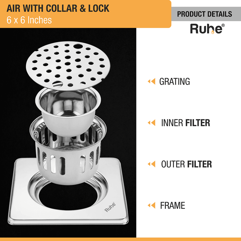 Air Square 304-Grade Floor Drain with Collar, Lock & Cockroach Trap (6 x 6 Inches) - by Ruhe