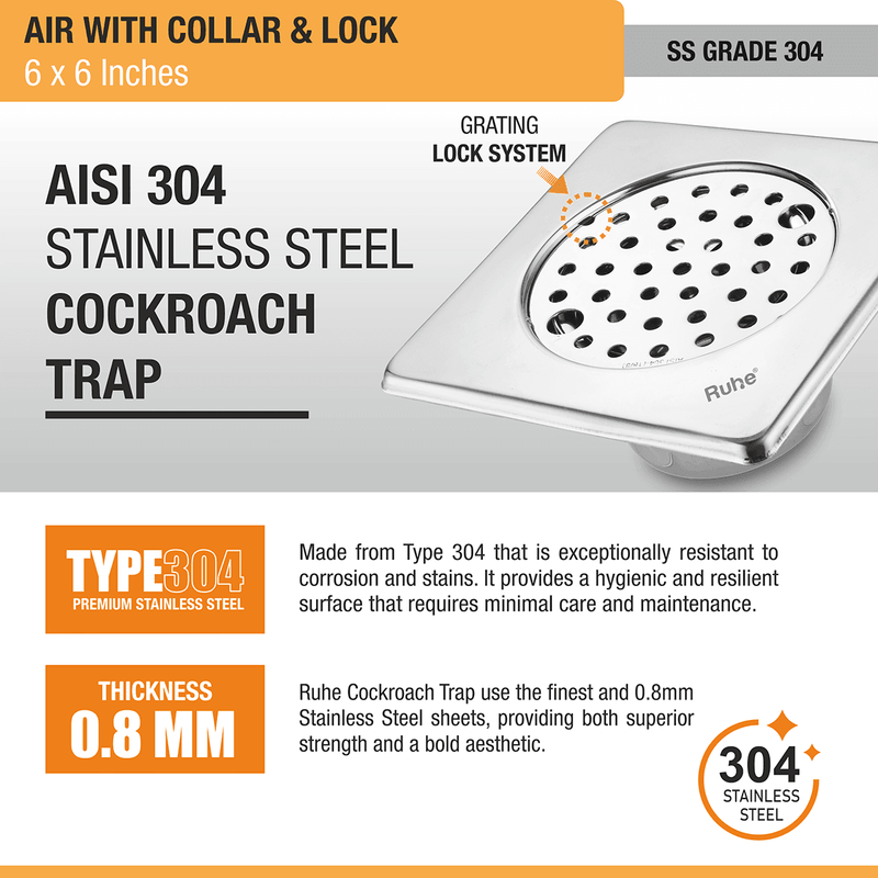 Air Square 304-Grade Floor Drain with Collar, Lock & Cockroach Trap (6 x 6 Inches) - by Ruhe