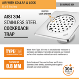 Air Floor Drain with Collar Square (6 x 6 Inches) with Lock and Cockroach Trap (304 Grade) stainless steel