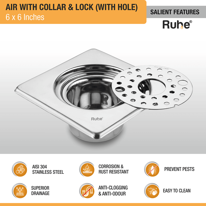 Air Square 304-Grade Floor Drain with Collar, Lock, Hole & Cockroach Trap (6 x 6 Inches) - by Ruhe