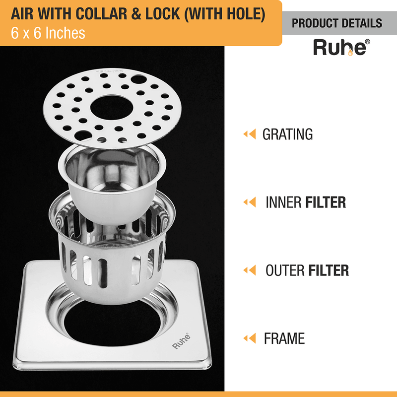 Air Square 304-Grade Floor Drain with Collar, Lock, Hole & Cockroach Trap (6 x 6 Inches) - by Ruhe