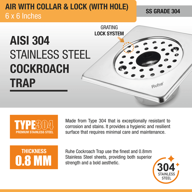 Air Square 304-Grade Floor Drain with Collar, Lock, Hole & Cockroach Trap (6 x 6 Inches) - by Ruhe