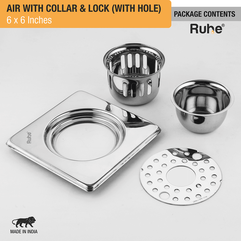 Air Square 304-Grade Floor Drain with Collar, Lock, Hole & Cockroach Trap (6 x 6 Inches) - by Ruhe