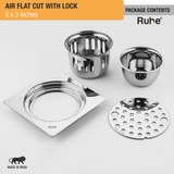 Air Floor Drain Square Flat Cut (5 x 5 Inches) with Lock and Cockroach Trap (304 Grade) package content