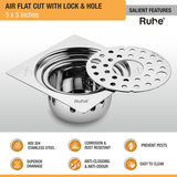 Air Floor Drain Square Flat Cut (5 x 5 Inches) with Lock, Hole and Cockroach Trap (304 Grade) features