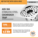 Air Floor Drain Square Flat Cut (5 x 5 Inches) with Lock, Hole and Cockroach Trap (304 Grade) stainless steel