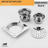 Air Floor Drain Square Flat Cut (6 x 6 Inches) with Lock and Cockroach Trap (304 Grade) package content
