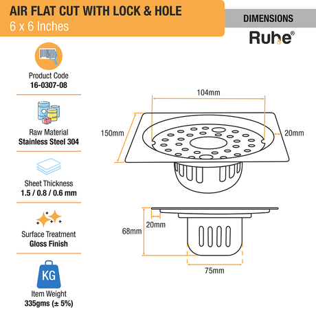 Air Floor Drain Square Flat Cut (6 x 6 Inches) with Lock, Hole and Cockroach Trap (304 Grade) dimensions and sizes