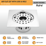 Air Floor Drain Square Flat Cut (6 x 6 Inches) with Lock, Hole and Cockroach Trap (304 Grade) features