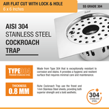 Air Floor Drain Square Flat Cut (6 x 6 Inches) with Lock, Hole and Cockroach Trap (304 Grade) stainless steel