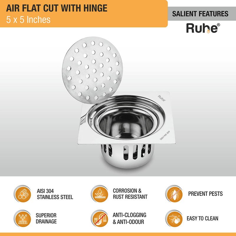 Air Flat Cut Floor Drain with Hinge & Cockroach Trap