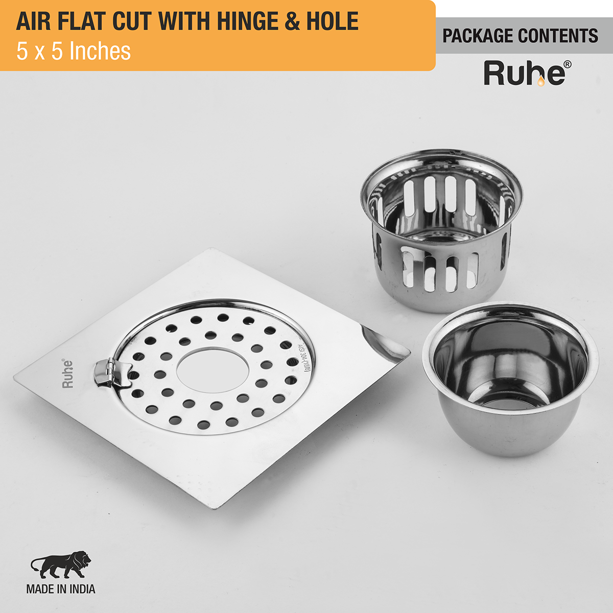 Air Square Flat Cut Floor Drain (5 x 5 Inches) with Hinge, Hole and Cockroach Trap (304 Grade) package content