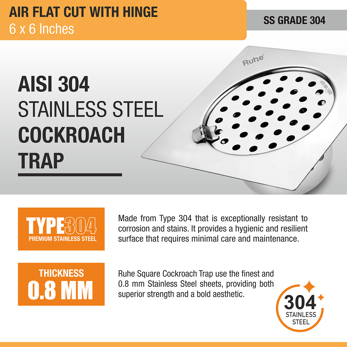Air Square Flat Cut Floor Drain (6 x 6 Inches) with Hinge & Cockroach Trap (304 Grade) stainless steel