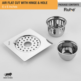 Air Square Flat Cut Floor Drain (6 x 6 Inches) with Hinge, Hole and Cockroach Trap (304 Grade) package content