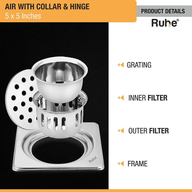 Air Square 304-Grade Floor Drain with Collar, Hinge & Cockroach Trap (5 x 5 Inches) - by Ruhe