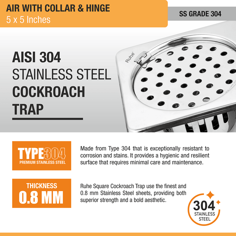 Air Square 304-Grade Floor Drain with Collar, Hinge & Cockroach Trap (5 x 5 Inches) - by Ruhe