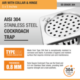 Air Square Floor Drain (5 x 5 Inches) with Hinge & Cockroach Trap (304 Grade) stainless steel