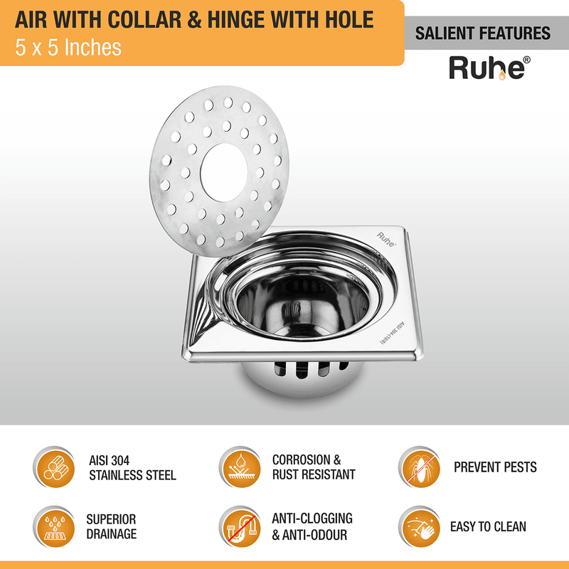 Air Square 304-Grade Floor Drain with Collar, Hinge, Hole & Cockroach Trap (5 x 5 Inches) - by Ruhe