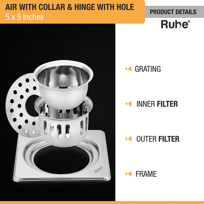 Air Square 304-Grade Floor Drain with Collar, Hinge, Hole & Cockroach Trap (5 x 5 Inches) - by Ruhe