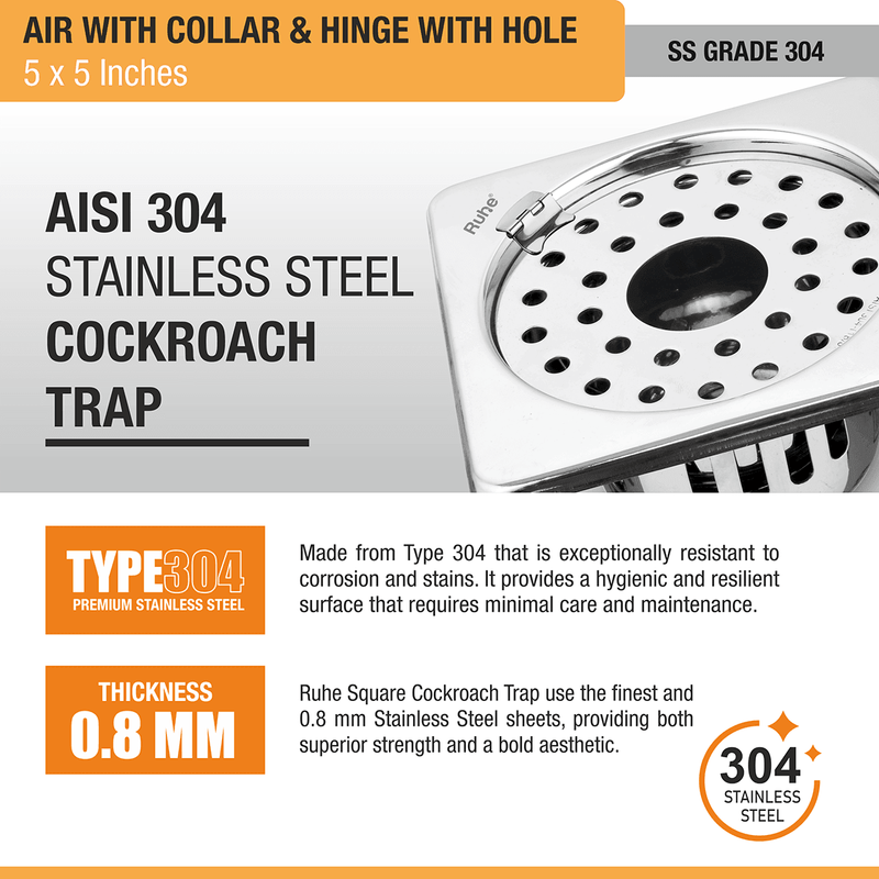 Air Square 304-Grade Floor Drain with Collar, Hinge, Hole & Cockroach Trap (5 x 5 Inches) - by Ruhe