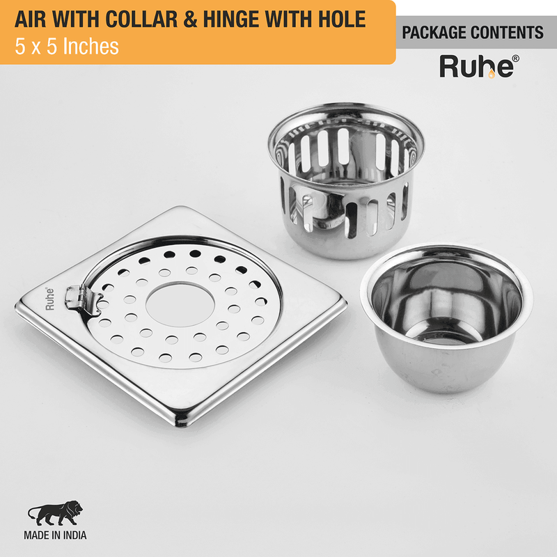 Air Square 304-Grade Floor Drain with Collar, Hinge, Hole & Cockroach Trap (5 x 5 Inches) - by Ruhe