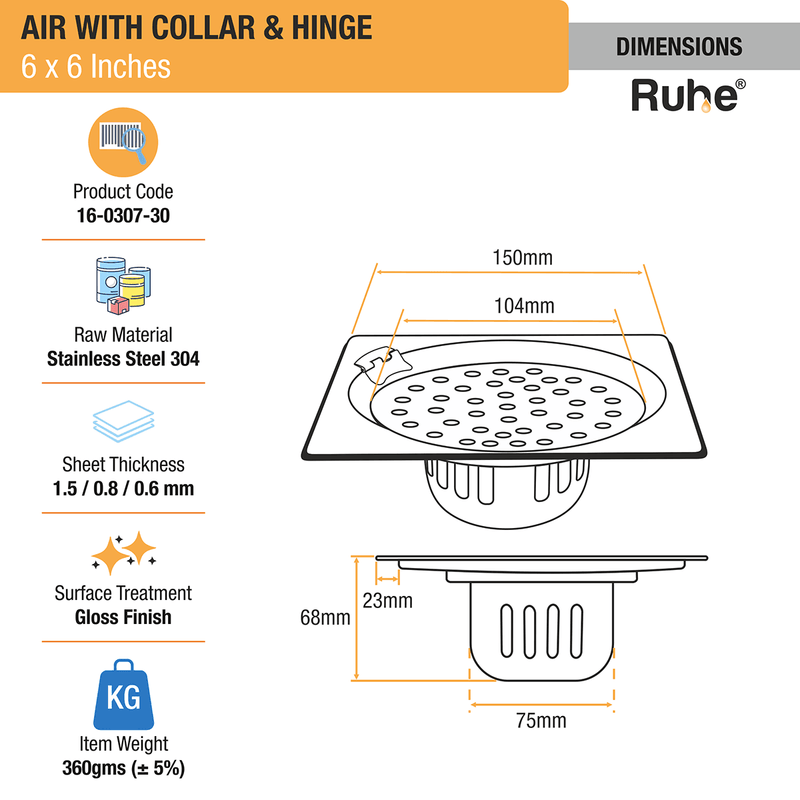 Air Square 304-Grade Floor Drain with Collar, Hinge & Cockroach Trap (6 x 6 Inches) - by Ruhe
