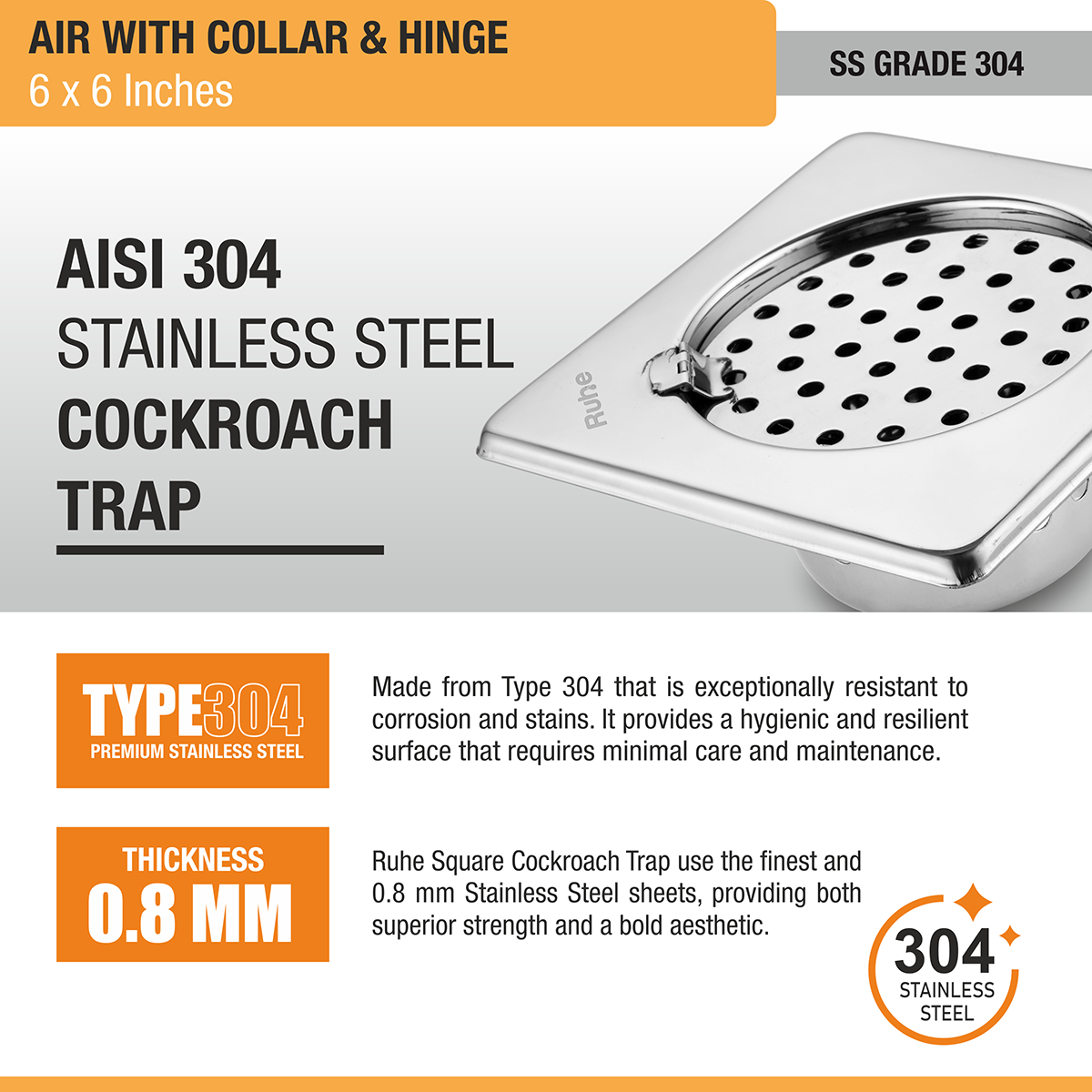 Air Square Floor Drain (6 x 6 Inches) with Hinge & Cockroach Trap (304 Grade)  stainless steel