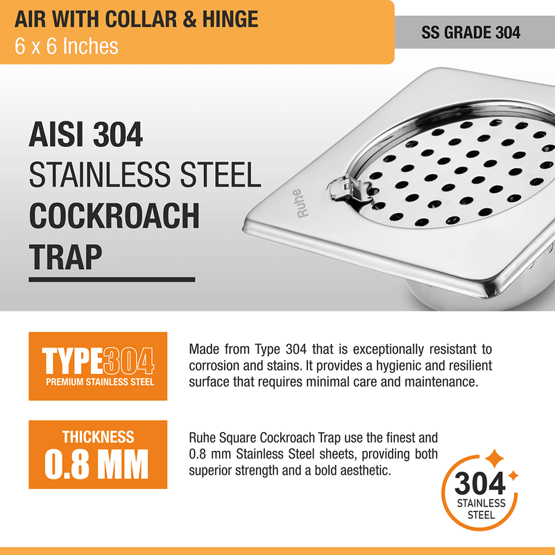 Air Square 304-Grade Floor Drain with Collar, Hinge & Cockroach Trap (6 x 6 Inches) - by Ruhe