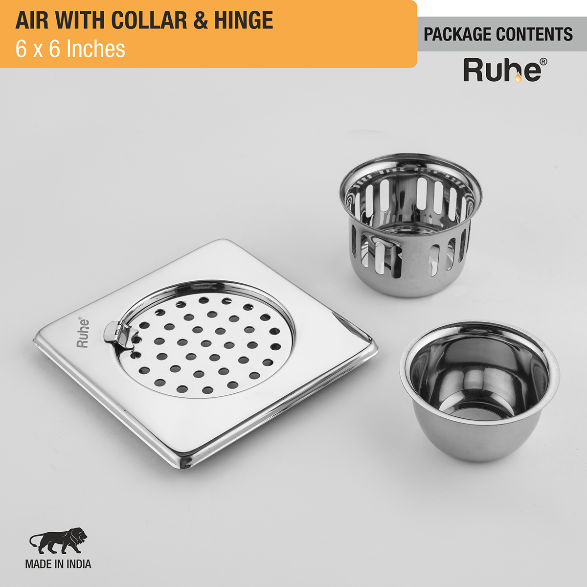 Air Square 304-Grade Floor Drain with Collar, Hinge & Cockroach Trap (6 x 6 Inches) -  by Ruhe