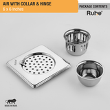 Air Square Floor Drain (6 x 6 Inches) with Hinge & Cockroach Trap (304 Grade) package content
