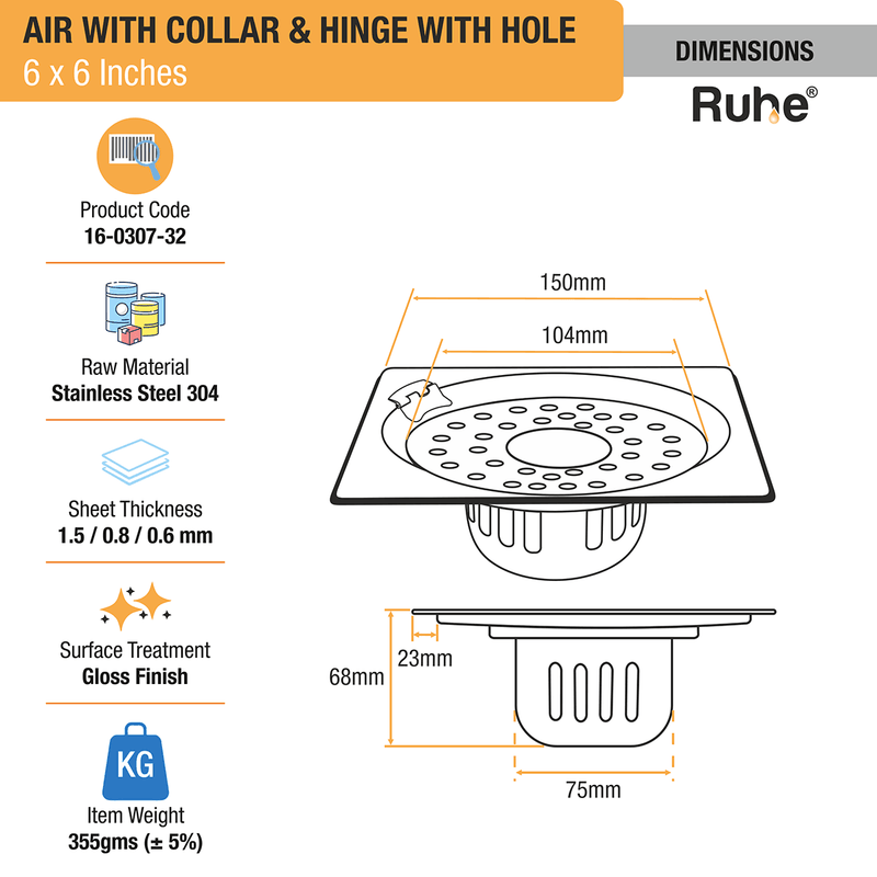 Air Square 304-Grade Floor Drain with Collar, Hinge, Hole & Cockroach Trap (6 x 6 Inches) - by Ruhe