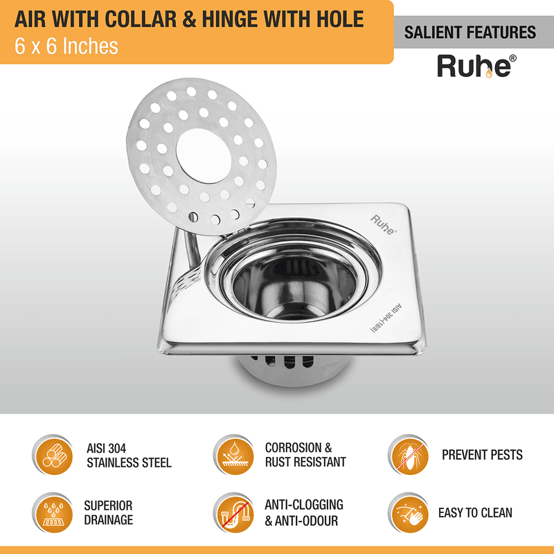 Air Square 304-Grade Floor Drain with Collar, Hinge, Hole & Cockroach Trap (6 x 6 Inches) - by Ruhe