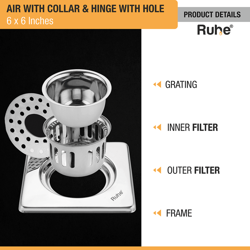 Air Square 304-Grade Floor Drain with Collar, Hinge, Hole & Cockroach Trap (6 x 6 Inches) - by Ruhe