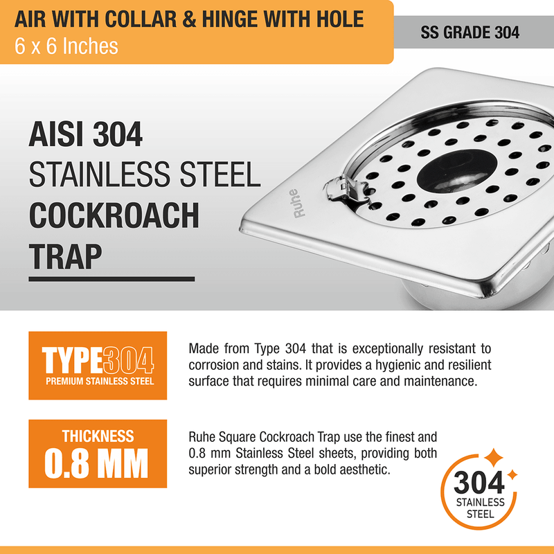 Air Square 304-Grade Floor Drain with Collar, Hinge, Hole & Cockroach Trap (6 x 6 Inches) - by Ruhe
