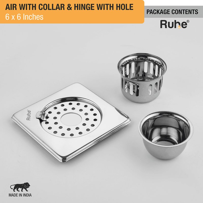 Air Square 304-Grade Floor Drain with Collar, Hinge, Hole & Cockroach Trap (6 x 6 Inches) - by Ruhe