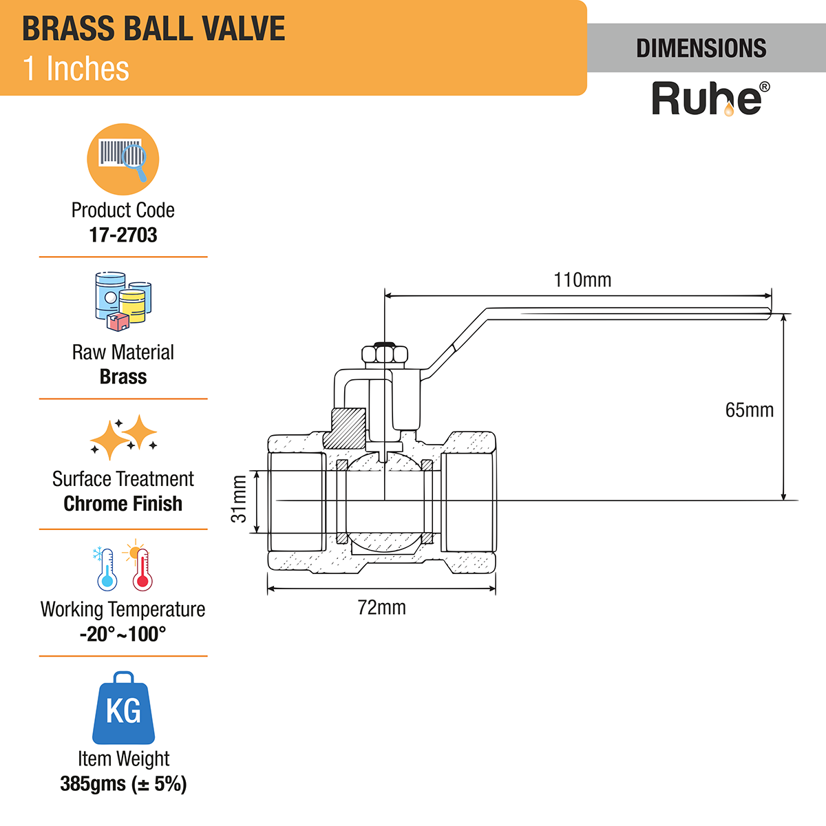 Brass Ball Valve (1 Inch) dimensions and size