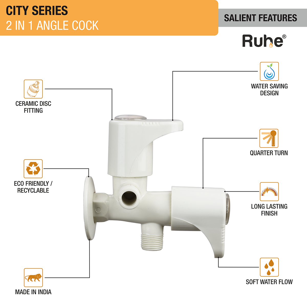 City PTMT Two Way Angle Valve Faucet (Double Handle) - by Ruhe®