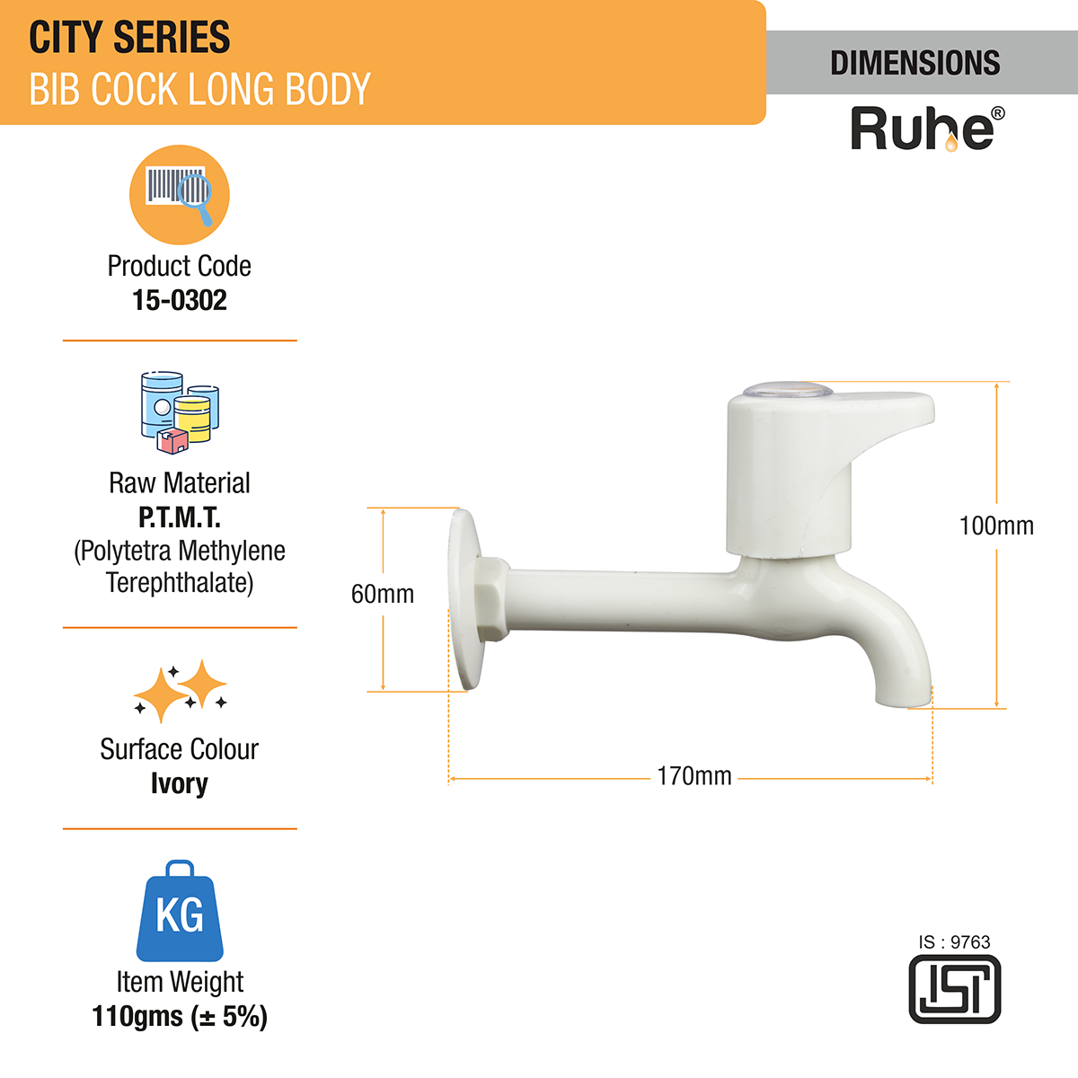 City Bib Tap Long Body PTMT Faucet dimensions and size